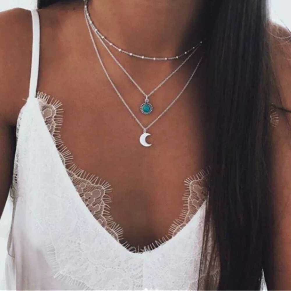 Silver 3 Chain Necklace. Choker, Turquoise, Moon